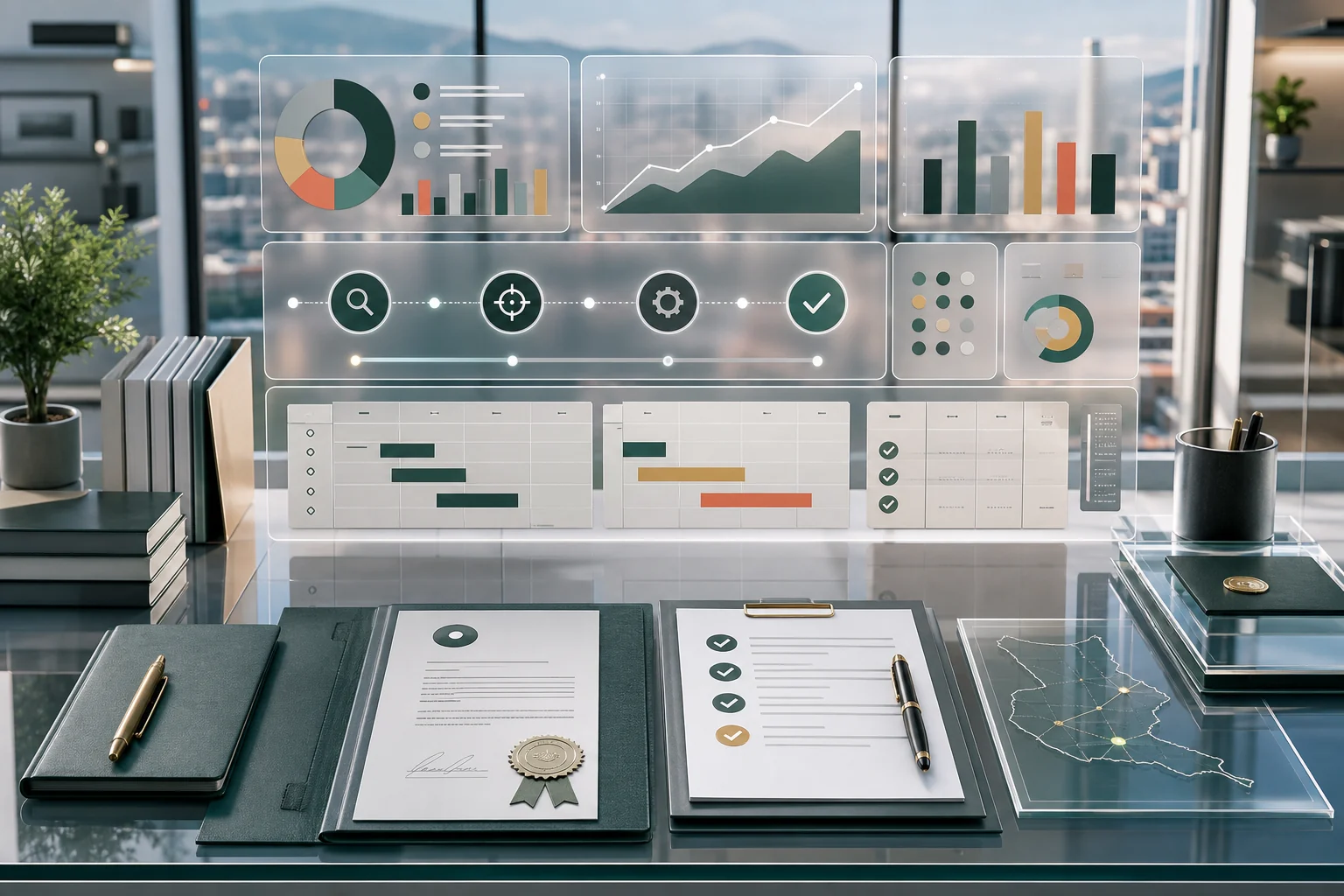 Visual generado por IA con tablero de estrategia y documentos empresariales
